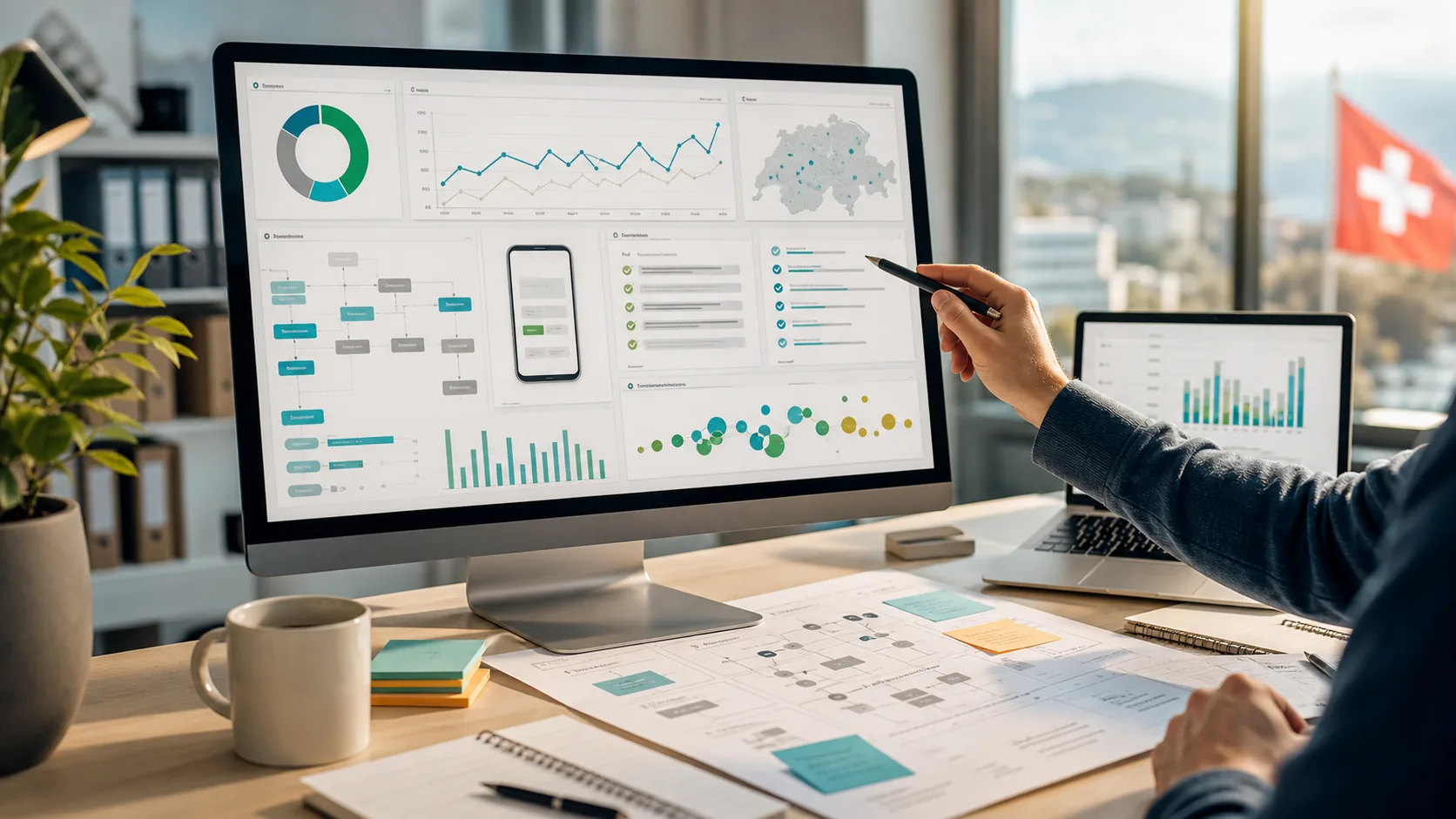 SEO audit dashboard with indexed pages, performance charts and optimization notes