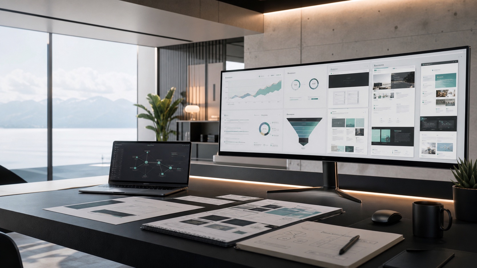 Studio digital SEO WEB avec écrans de stratégie web, analytics et maquettes