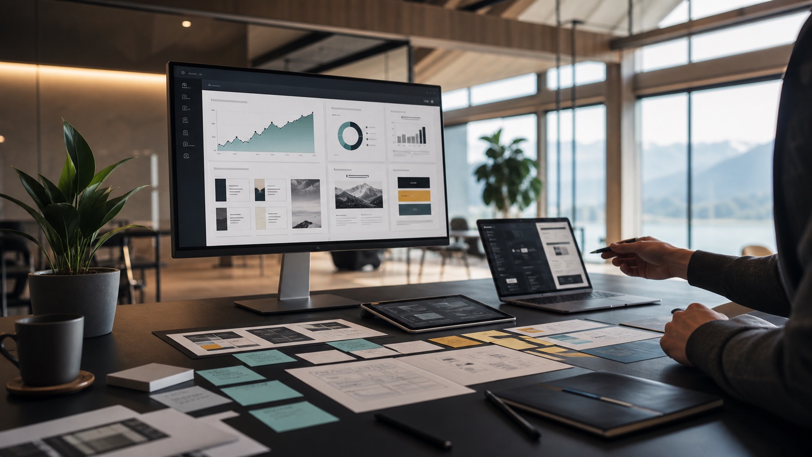 Espace de travail SEO avec tableau de stratégie, analytics et maquettes web