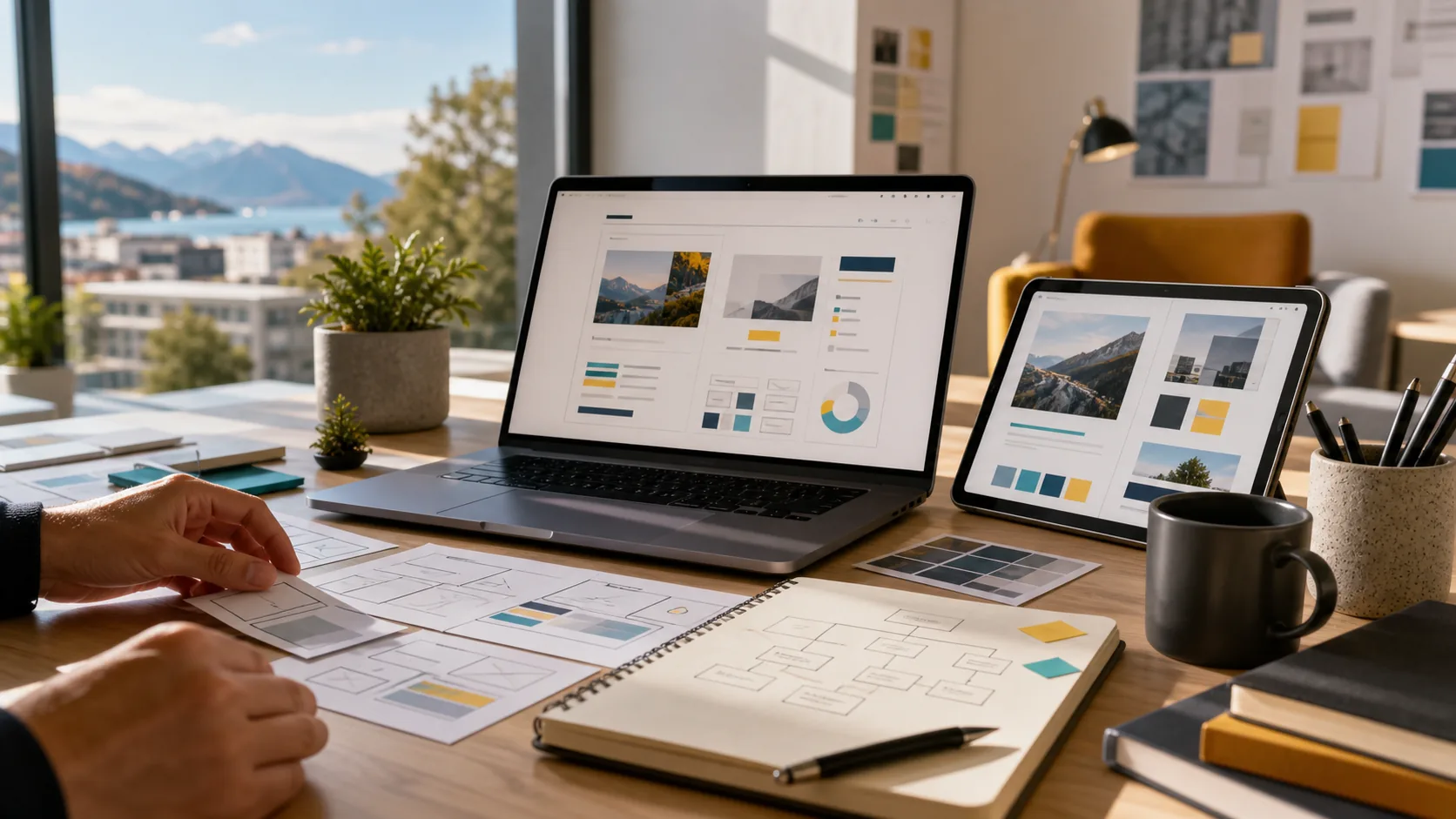 Web strategy workspace with site structure notes, responsive layouts and performance dashboards