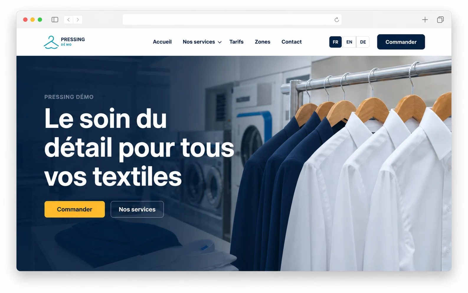 Présentation premium du modèle Pressing Démo
