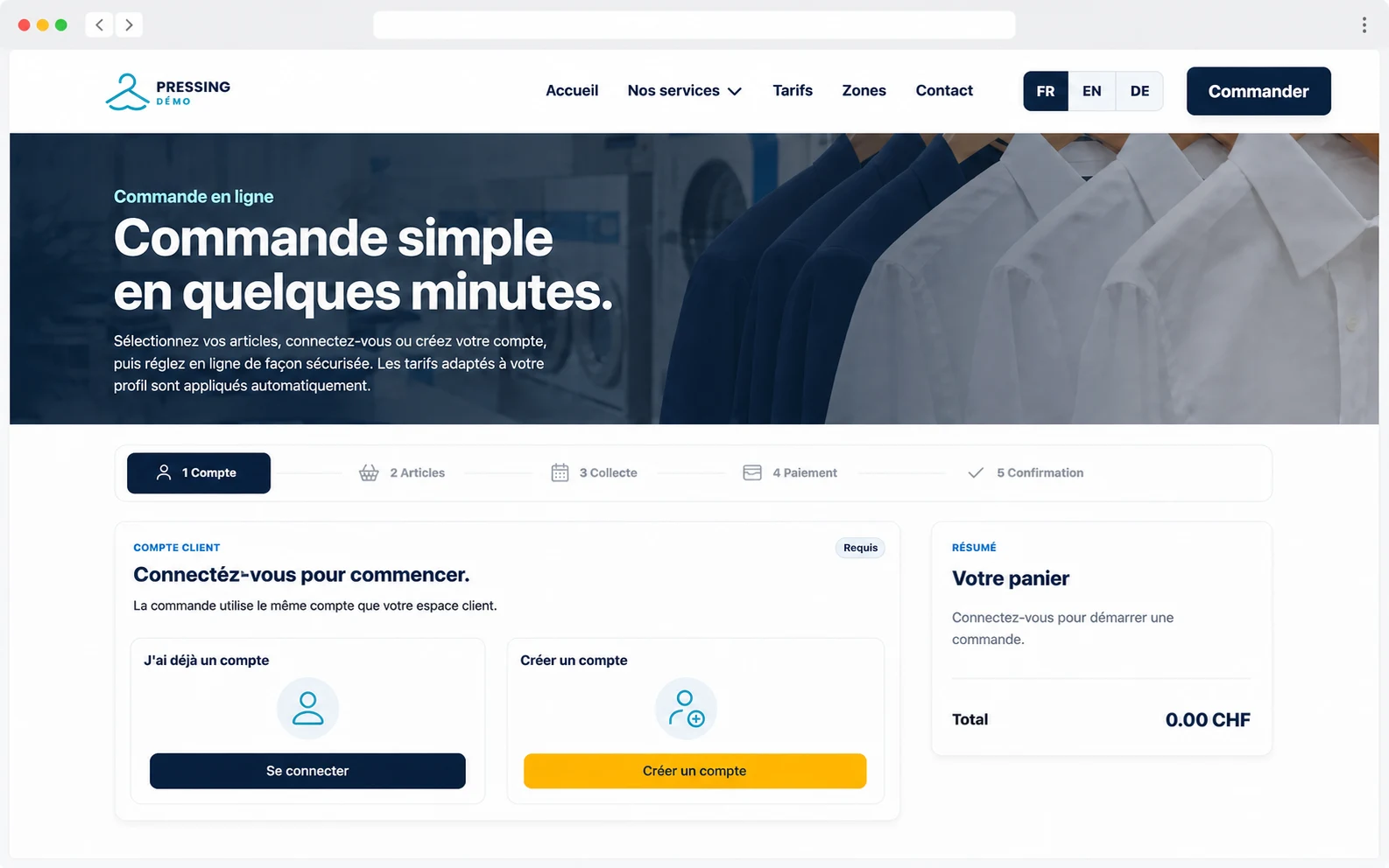 Commande en ligne guidée — Pressing Démo