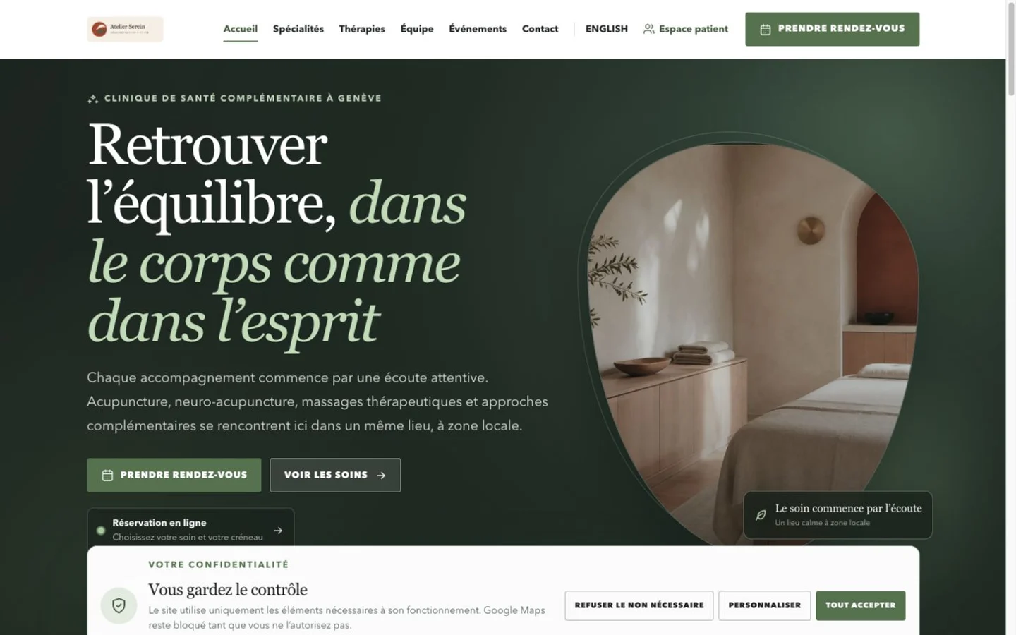 Template fictif Atelier Serein pour centre de bien-être