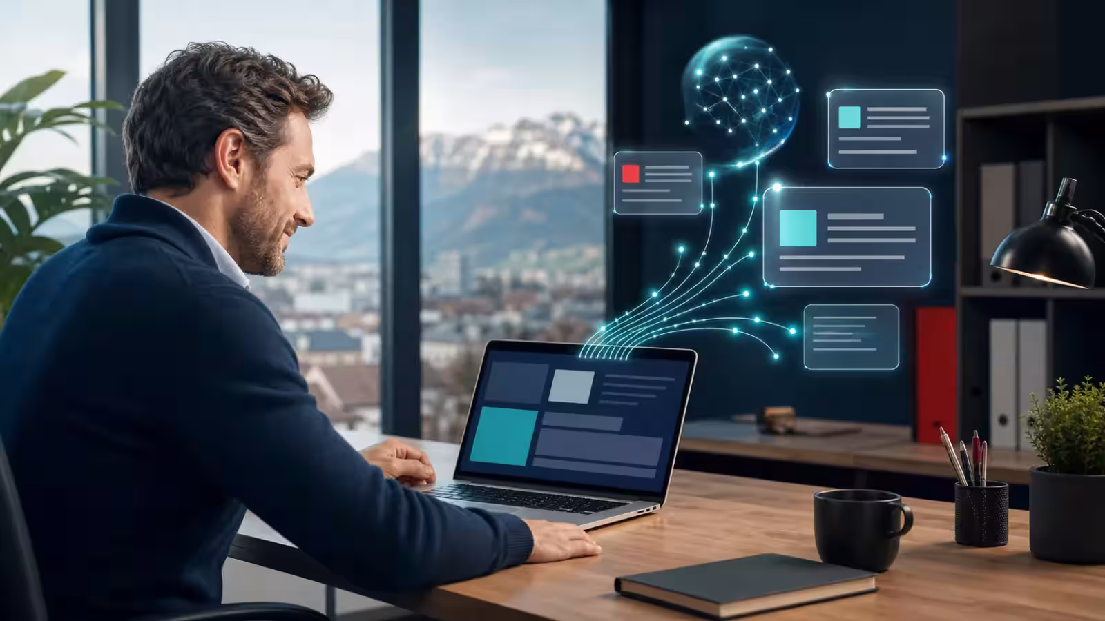Dirigeant d’une PME suisse consultant un site relié à des réponses générées par intelligence artificielle